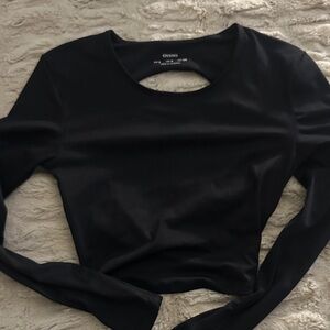Oysho Black Long Sleeve Open Back Crop Top